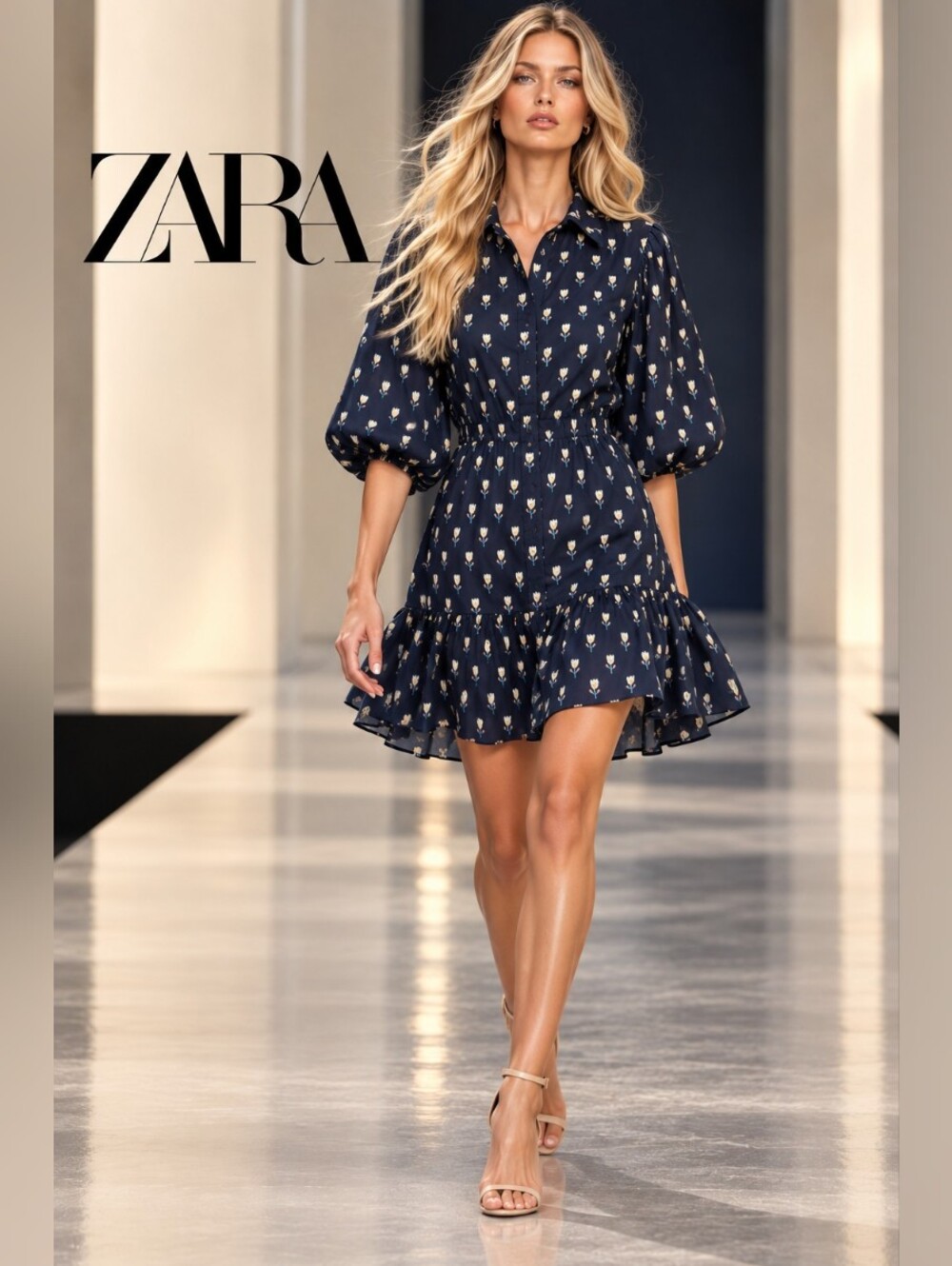Böhme Deep Navy Floral Puff Sleeve Mini Dress Size Medium